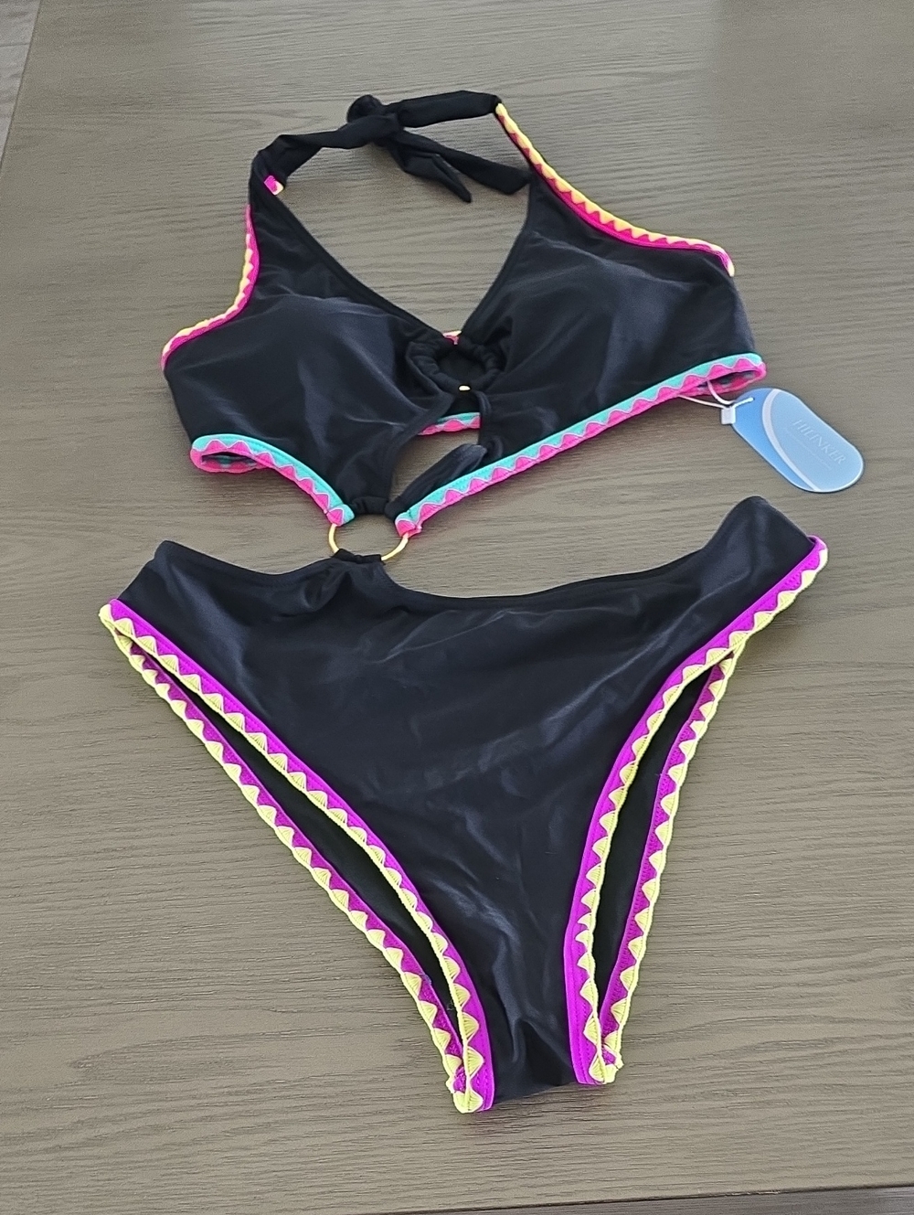 Black Monokini  Swimsuit with Neon Trim Sz Lg Nwt
